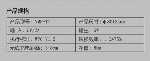 YMP-T7无线充电器参数